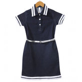 Navy blue-white denim lycra ribbed elasticated dress with belt on model