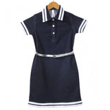 Navy blue-white denim lycra ribbed elasticated dress with belt on model