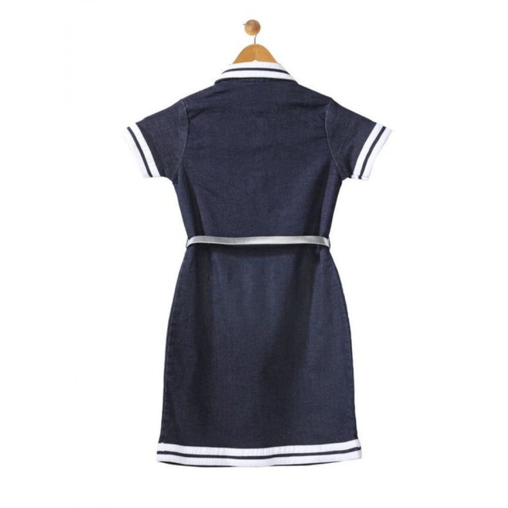 Navy blue and white denim lycra ribbed elasticated dress with belt for girls, close-up view of waist detail