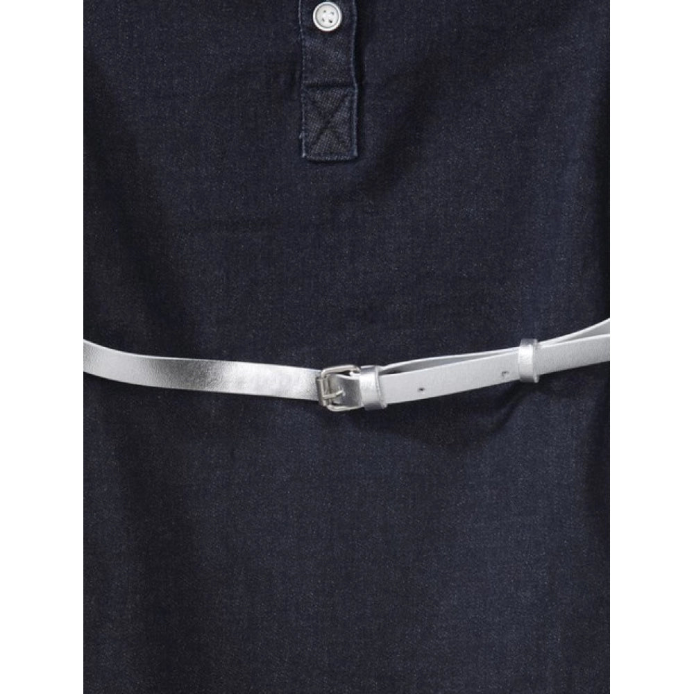 Navy Blue-White denim lycra ribbed elasticated dress with belt for girls, close-up view