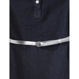 Navy Blue-White denim lycra ribbed elasticated dress with belt for girls, close-up view