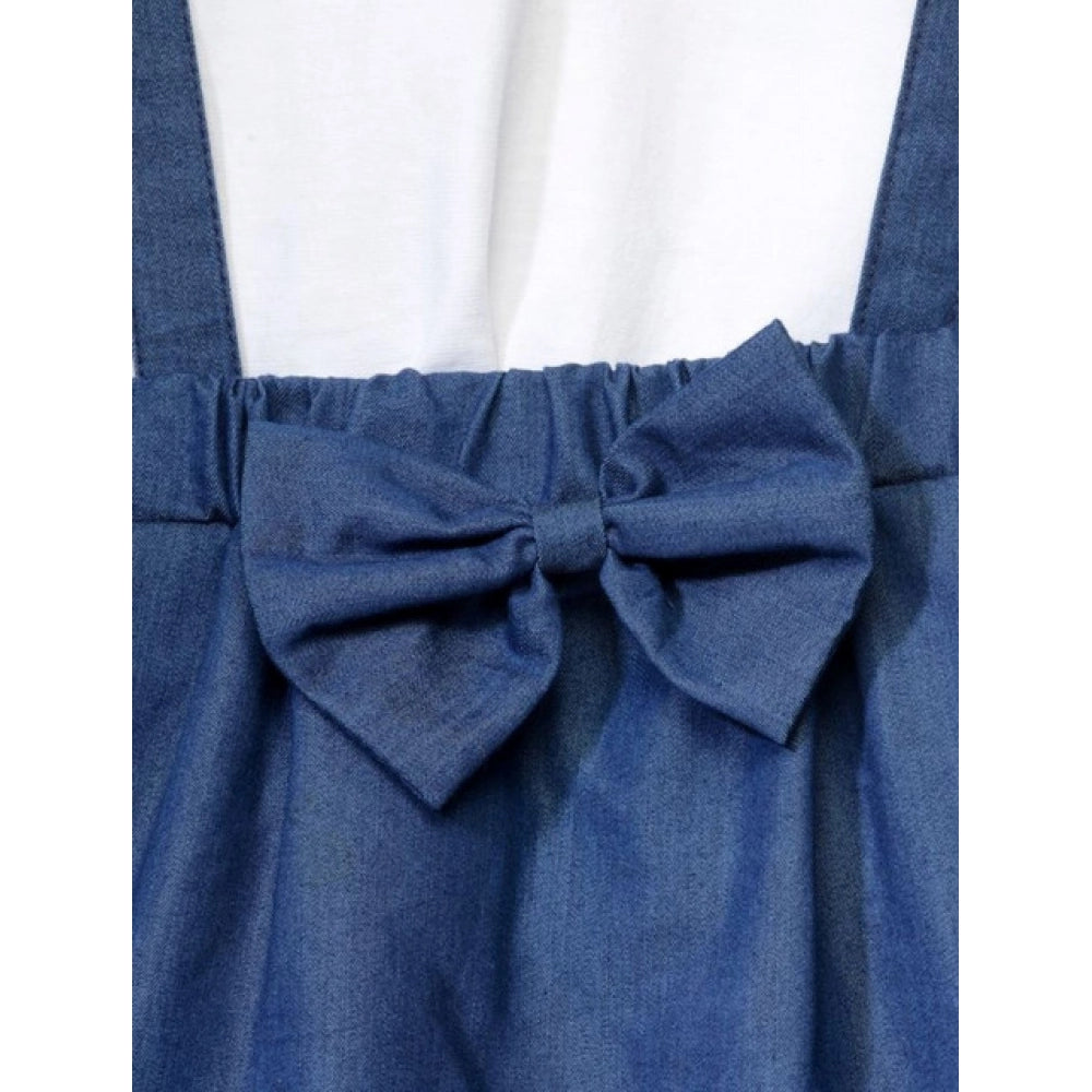 Dark blue denim embellished sleeveless skirt for girls, featuring intricate detailing