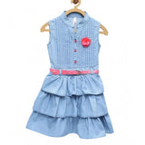 Light blue denim embellished sleeveless dress with belt for girls, mandarin collar style, suitable for casual events