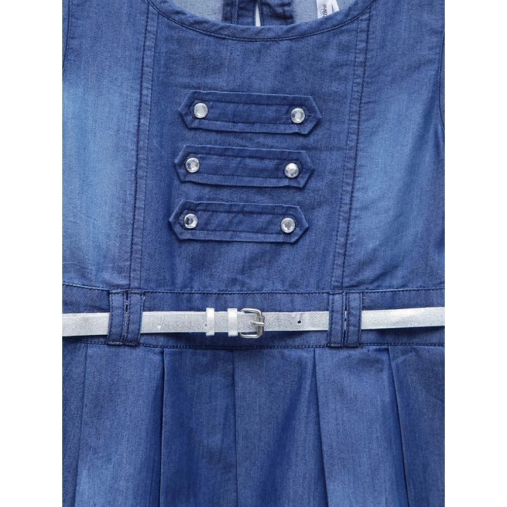 Blue denim embellished sleeveless dress with belt for girls, embellished denim style fashion on model