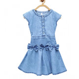 Light blue denim embellished cap sleeve bow dress, casual girl's fashion for spring or summer events