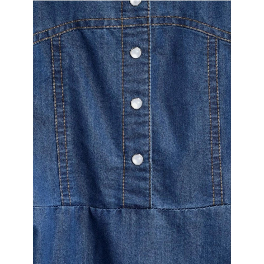 Blue denim printed short sleeve dress with straps, girls' casual summer fashion