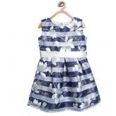 Navy blue polyester striped sleeveless dress for girls, round neck, zip closure, knee length