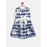 Navy Blue striped polyester sleeveless dress for girls, round neck, knee-length with zip closure