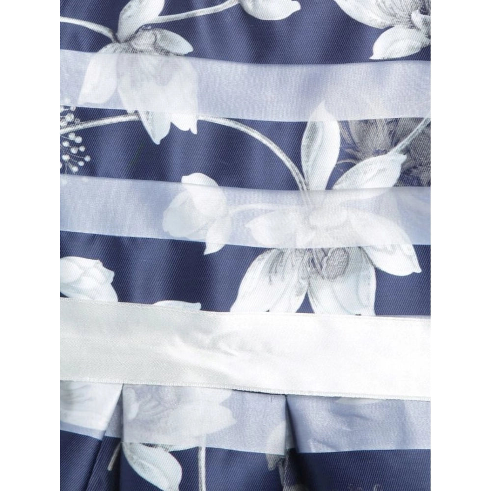 Navy Blue striped polyester sleeveless dress for girls, round neck, knee-length with zip closure