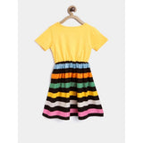 Multi-colored cotton striped short sleeve dress for girls, round neck, knee length