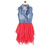 Blue-Red denim roll up buttoned dress with shirt collar, ideal for casual kids' wear