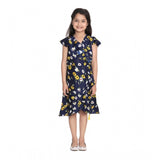 Navy Blue polyester crepe polka cold shoulder dress for girls, featuring a V-neck and knee-length design