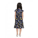 Navy Blue Polyester Crepe polka cold shoulder dress for girls, knee-length style on mannequin
