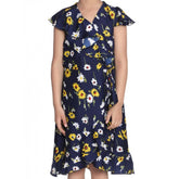 Navy Blue polyester crepe polka cold shoulder dress for girls, vibrant pattern detail on a knee-length style