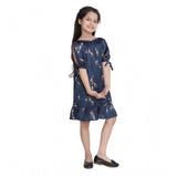 Blue satin animal print sleeveless dress for girls, knee-length style with round neck