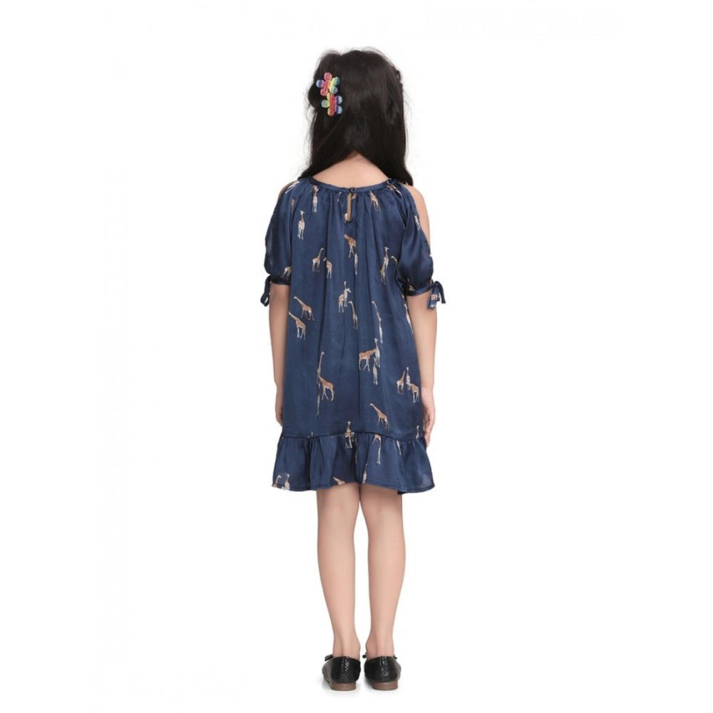 Blue satin animal print sleeveless dress for girls, round neck, knee length