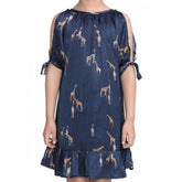Blue satin animal print sleeveless dress for girls, round neck, knee-length