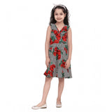 Red polyester crepe floral shoulder straps dress for girls, V-neck style with knee-length hem