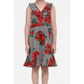 Red polyester crepe floral shoulder straps dress for girls, vibrant floral pattern and v-neck design