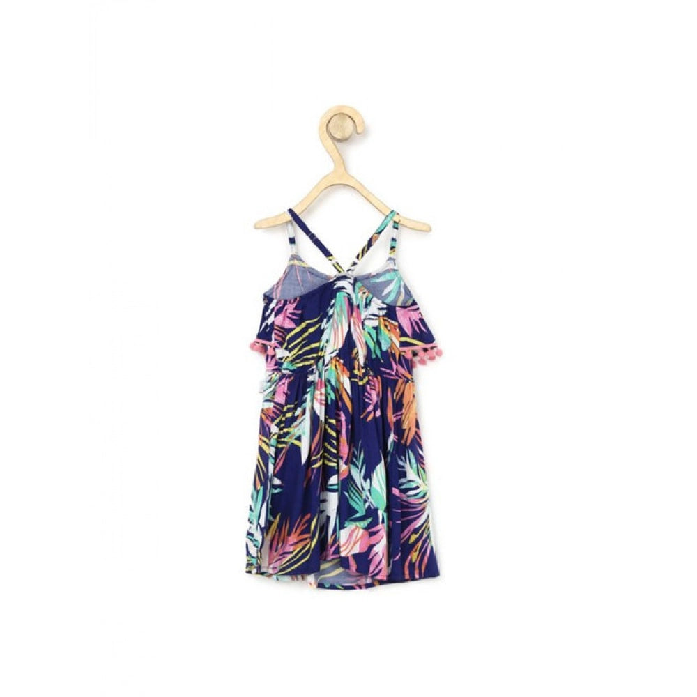 Navy blue rayon printed shoulder straps dress for girls, vibrant pattern on knee-length style