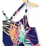 Navy blue rayon printed shoulder straps dress for girls, vibrant pattern detail on display