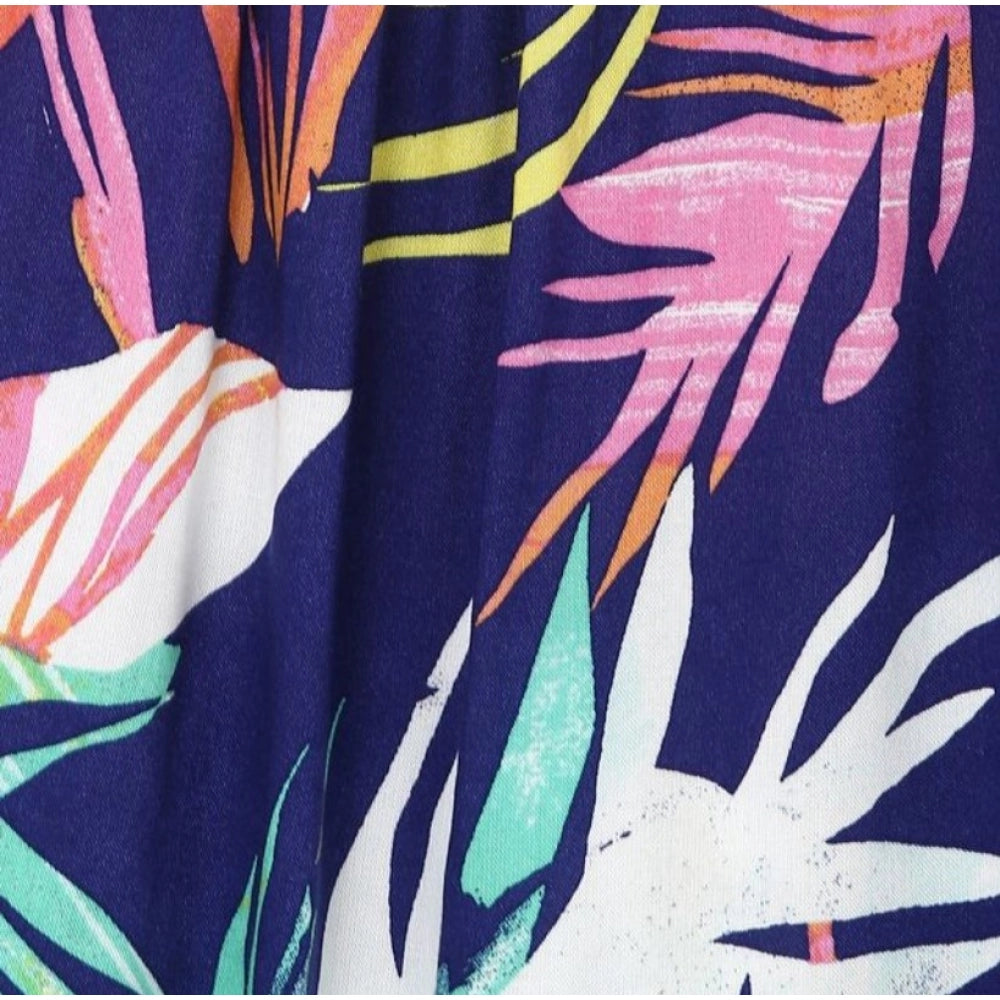 Navy blue rayon printed shoulder straps dress for girls, detailed close-up view