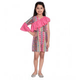 Pink cotton & polyester printed 3/4th sleeves dress, vibrant V-neck style with unique pattern, ideal for casual events or playtime