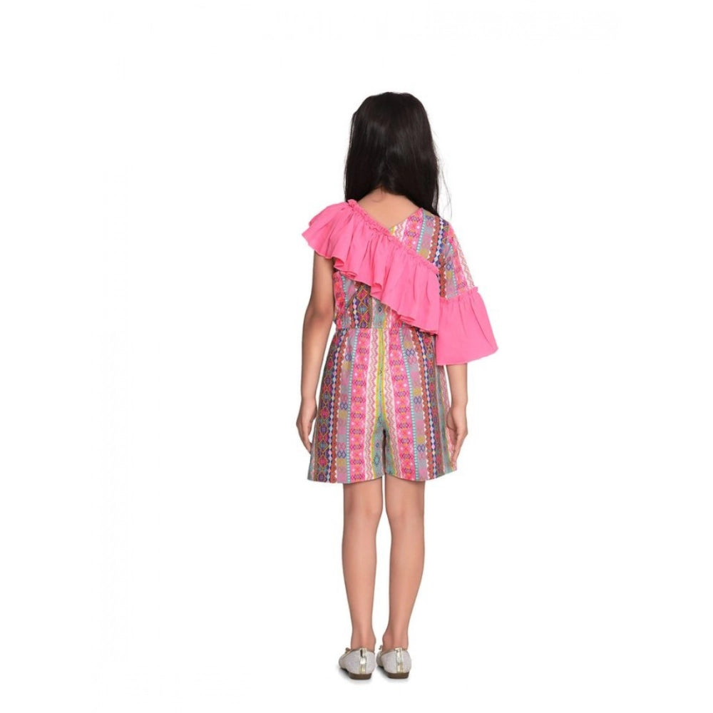 Pink cotton & polyester printed 3/4th sleeves dress - vibrant V-neck design for girls, knee length with no closure