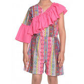 Pink cotton & polyester printed 3/4th sleeves dress, vibrant V-neck, knee-length style for girls