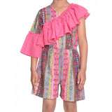 Pink cotton & polyester printed 3/4th sleeves dress, vibrant V-neck, knee-length style for girls