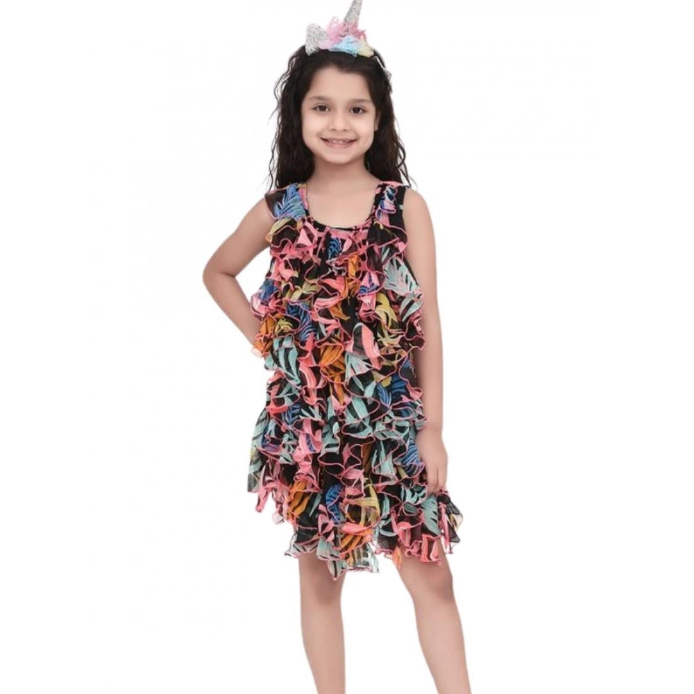 Black chiffon ruffled sleeveless dress, knee-length with round neck, no closure
