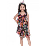 Black chiffon ruffled sleeveless dress, knee-length with round neck, no closure