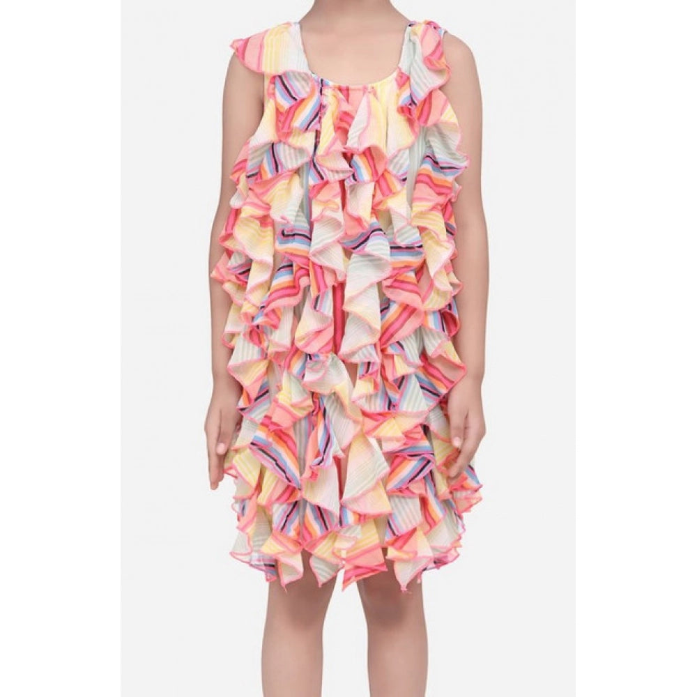 Multicolor chiffon ruffled sleeveless dress for girls, ruffles detail, knee-length, no closure