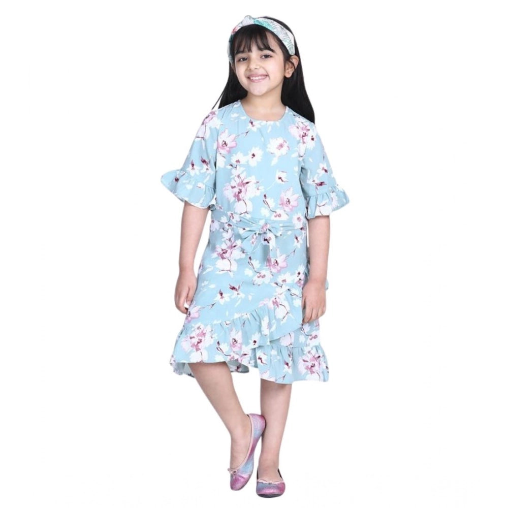 Turquoise blue polyester crepe floral bell sleeve dress for girls, round neck, below knee length on mannequin