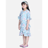 Turquoise blue floral bell sleeve dress for girls, polyester crepe material, below knee length, round neck, on mannequin