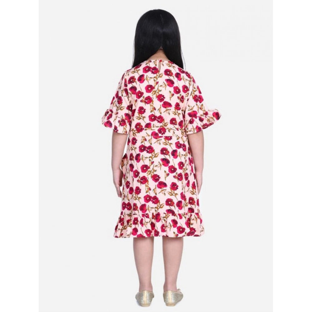 Red-Pink polyester crepe floral bell sleeve dress for girls on display stand