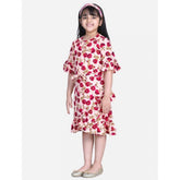 Red-Pink polyester crepe floral bell sleeve dress for girls, round neck, below knee length on mannequin