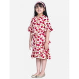 Red-Pink polyester crepe floral bell sleeve dress for girls, round neck, below knee length on mannequin