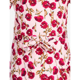 Red-Pink polyester crepe floral bell sleeve dress on model, below knee length with round neck