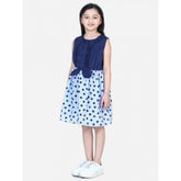 Blue denim polka sleeveless dress for girls, cotton lining, button closure, knee-length round neck style
