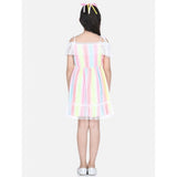 Multi-colored polyester self-design cold shoulder dress for girls, featuring round neck and above knee length with no closure