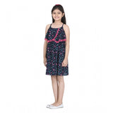 Black rayon flamingo print sleeveless dress for girls, featuring round neck and above knee length