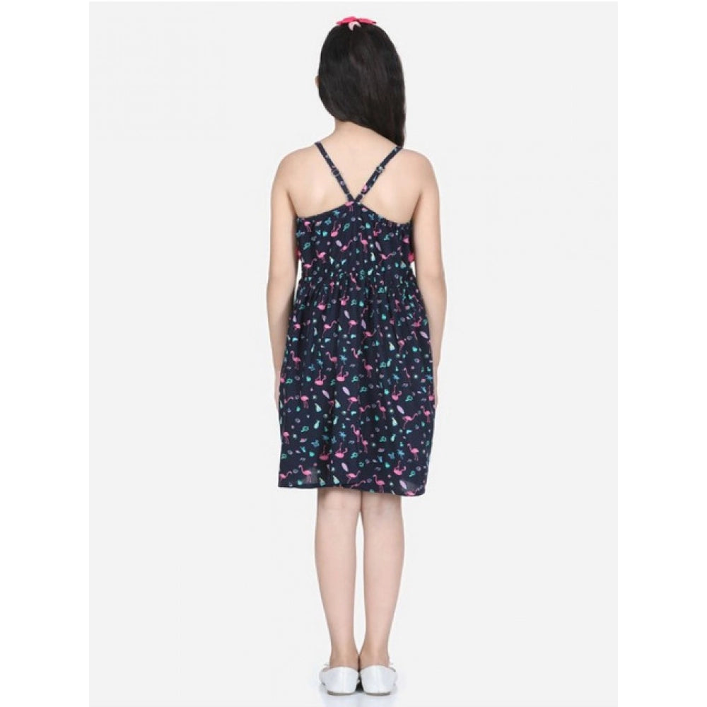 Black rayon flamingo print sleeveless dress for girls with round neck and above knee length