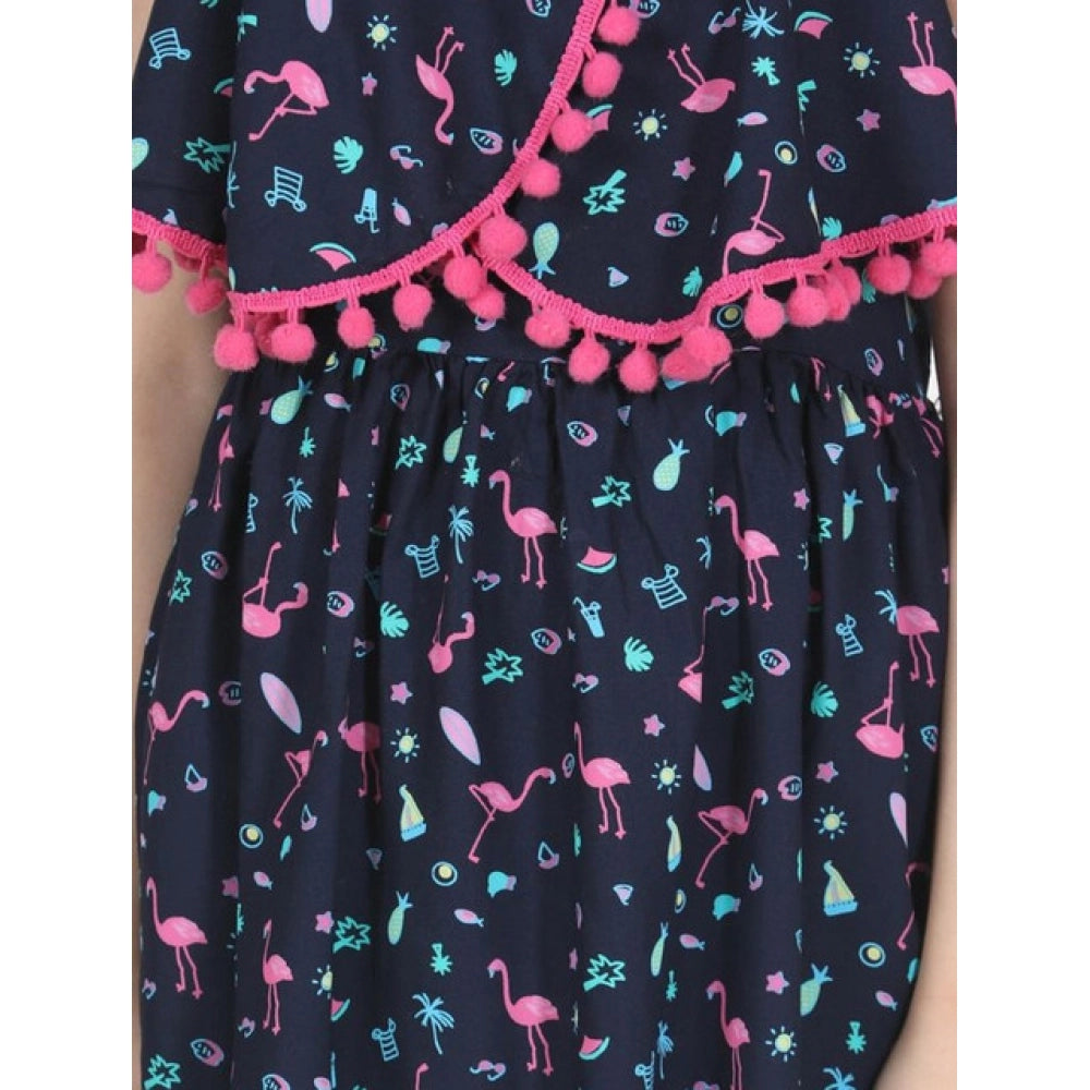 Black rayon flamingo print sleeveless dress for girls with round neckline and above-knee length