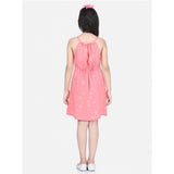 Coral polyester floral short sleeve dress for girls, round neck and above knee length on model