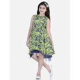 Yellow-Blue polyester crepe & net printed sleeveless dress for girls, featuring a round neckline and above knee length, showcasing vibrant colors on display
