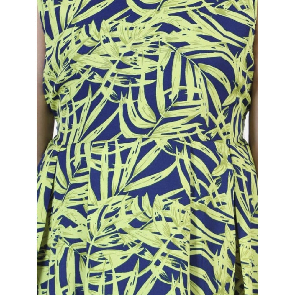 Yellow-Blue polyester crepe & net printed sleeveless dress for girls, round neck, zip closure, above knee length