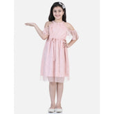 Blush pink net printed sleeveless dress for girls, knee-length with round neck, button closure