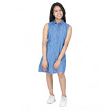 Blue denim cold shoulder dress with shirt collar, above knee length