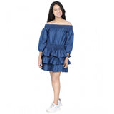 Blue denim solid off-shoulder dress, knee-length with no closure for casual summer outfits